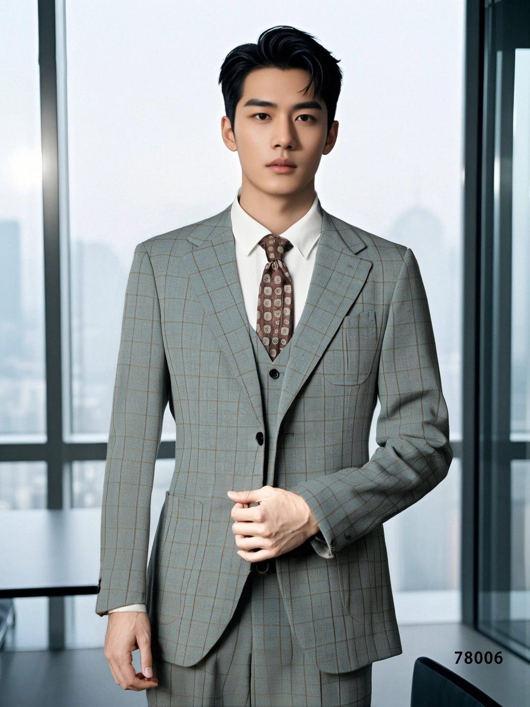 Three-Piece Windowpane Check Wool Suit | Tailored Formal Groom &amp; Business Suit by 男装