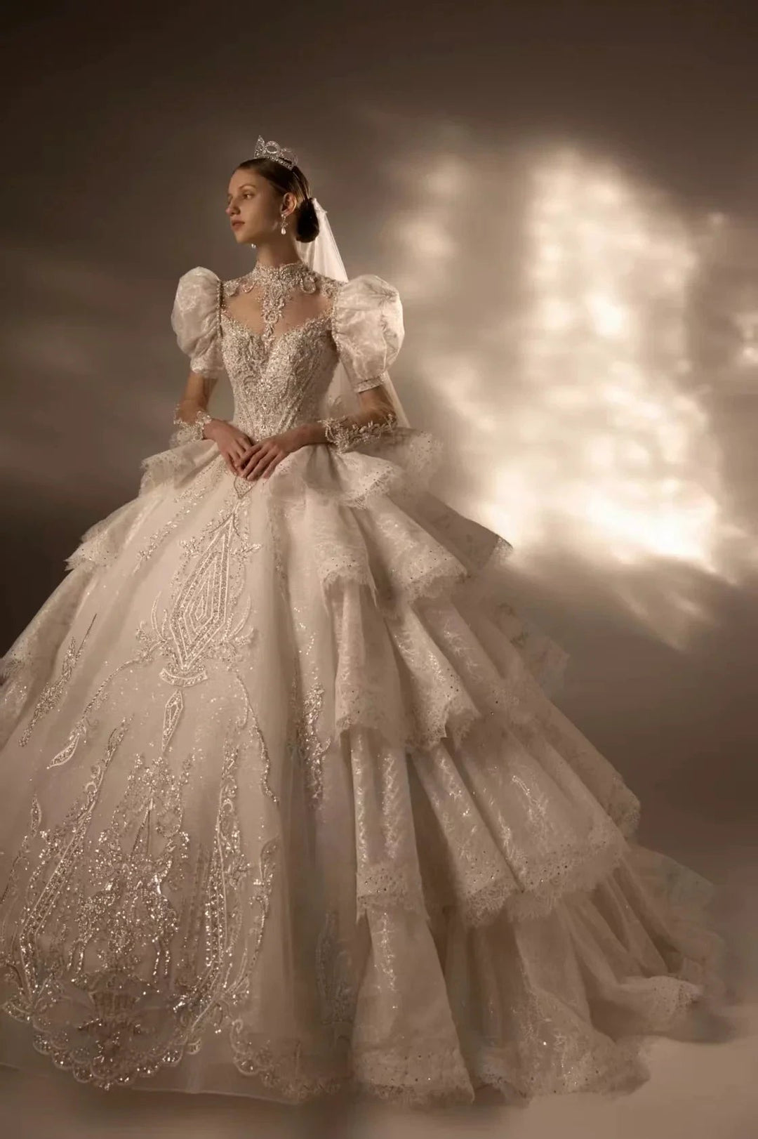 Regal High Neck Puff Sleeve Tulle Wedding Dress with Sequin Embroidery &amp; Layered Ruffle Train Q6020 by ZAPDRESS