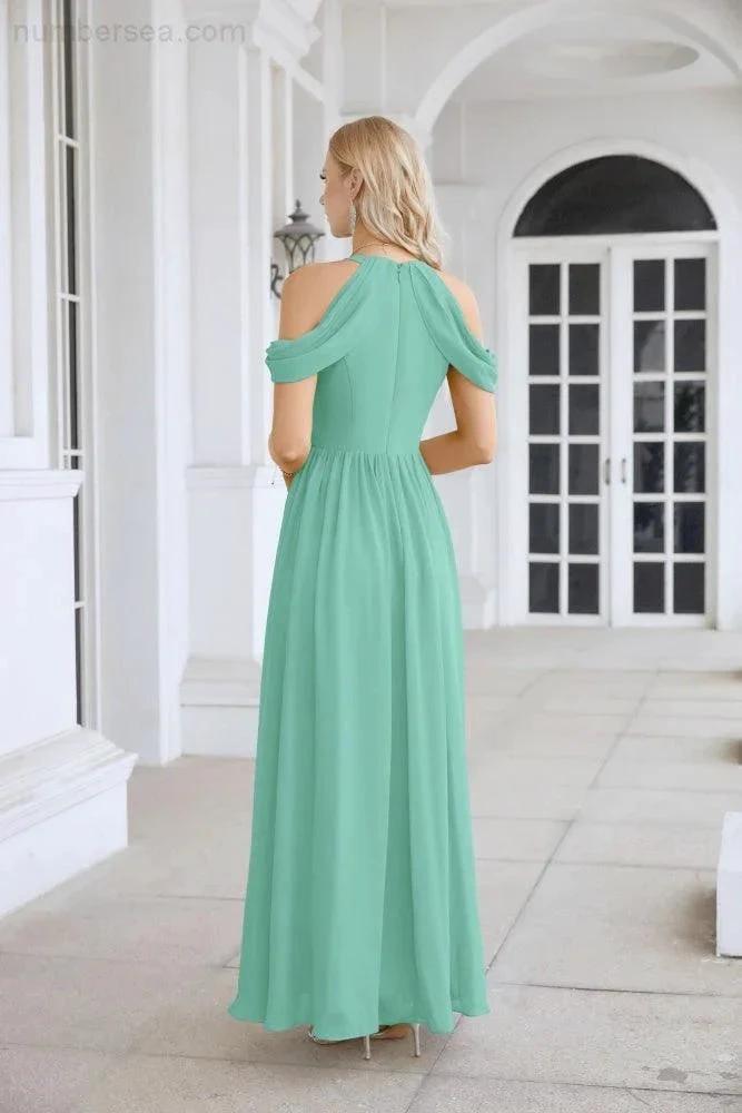 Ladies Chiffon Off Shoulder Swing Sleeve Front Slit Bridesmaid Evening Dress Wedding Party Evening Dress 28117 by numbersea