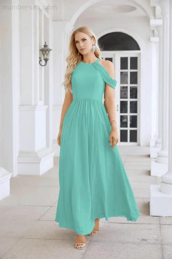 Ladies Chiffon Off Shoulder Swing Sleeve Front Slit Bridesmaid Evening Dress Wedding Party Evening Dress 28117 by numbersea