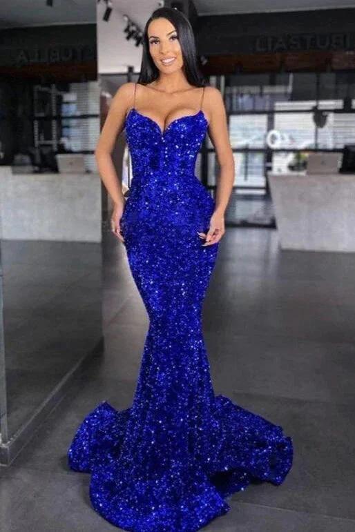 Royal Blue Long Sweetheart Spaghetti Strap Sequins Mermaid Prom Dress by BIZTUNNEL