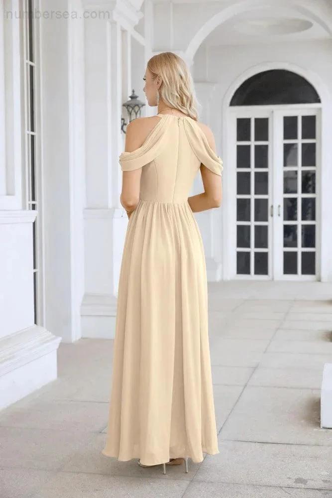 Ladies Chiffon Off Shoulder Swing Sleeve Front Slit Bridesmaid Evening Dress Wedding Party Evening Dress 28117 by numbersea