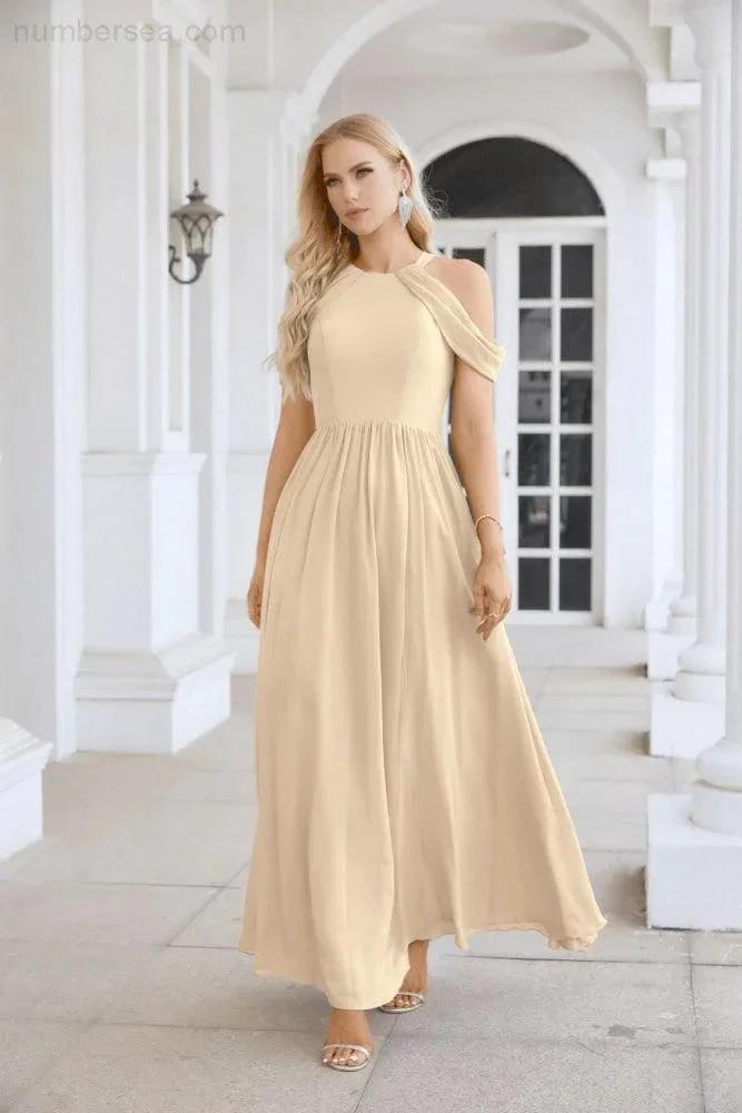 Ladies Chiffon Off Shoulder Swing Sleeve Front Slit Bridesmaid Evening Dress Wedding Party Evening Dress 28117 by numbersea
