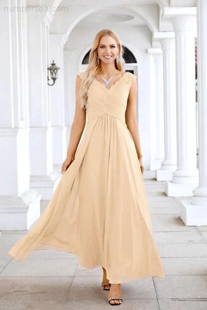 Ladies Chiffon V Neck Sleeveless Floor Length Bridesmaid Evening Dress Wedding Party Evening Dress 28126 by numbersea