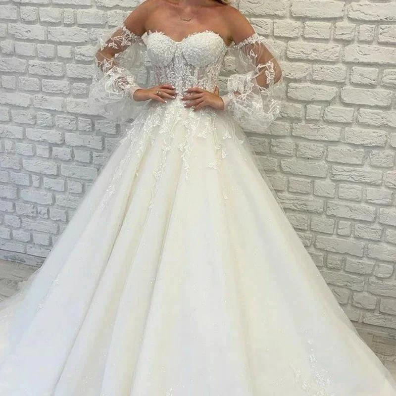 Sweetheart Tulle Wedding Dresses Off Shoulder Lace Up Appliqued Beaded Vestido De Noiva 2022 Puffed sleeves Lace Bridal Dress by payinti