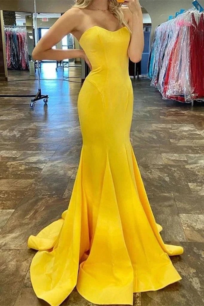 Long Yellow Mermaid Satin Strapless Prom Dress by BIZTUNNEL