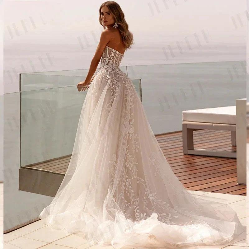 Fashion Strapless 3D Flower Lace Applique Wedding Dresses Sweep Train Custom Bridal Grown Vestido De Noival by payinti
