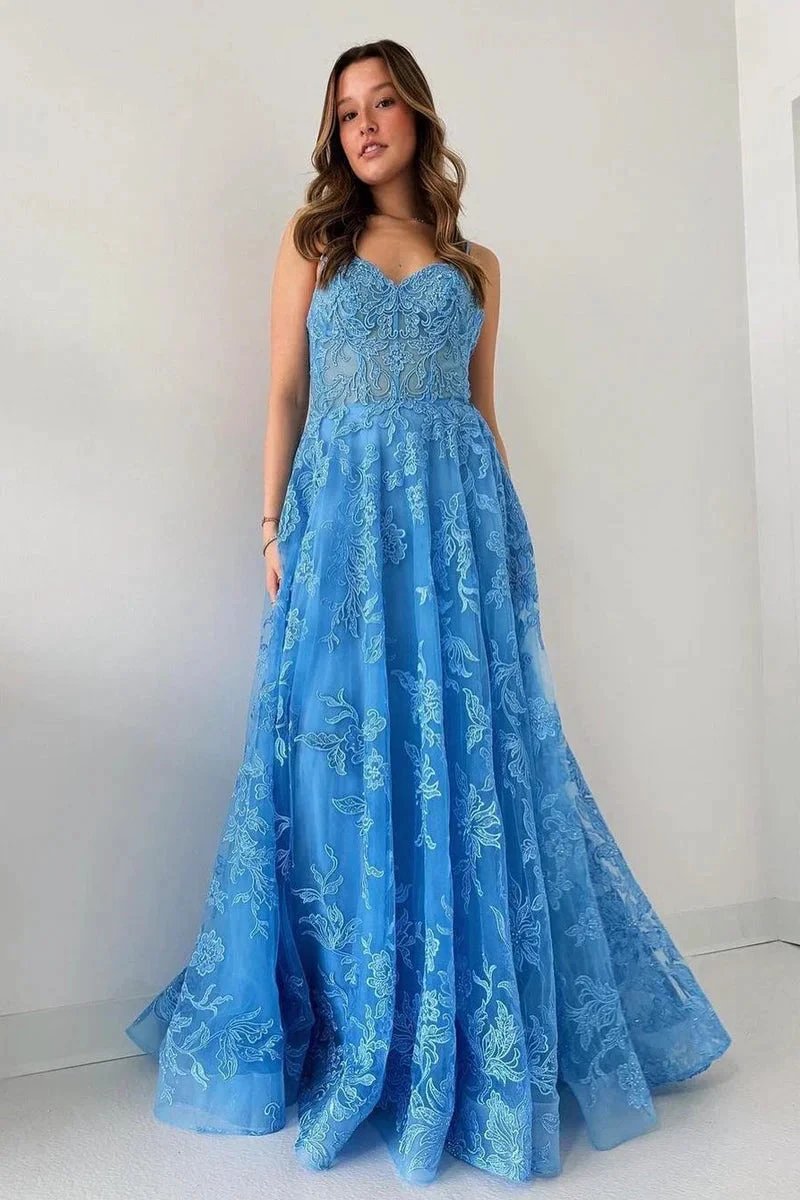 Blue Spaghetti Straps Tulle Appliques Long Prom Dresses by Kissprom