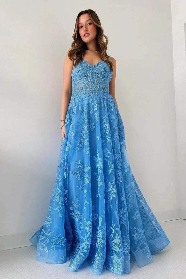 Blue Spaghetti Straps Tulle Appliques Long Prom Dresses by Kissprom