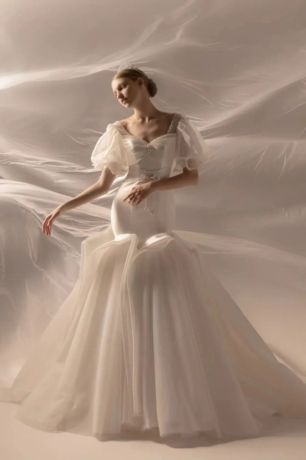 Elegant Mermaid Square Neck Organza Puff Sleeve Satin Wedding Dress with Crystal Trim & Lace-Up Back Q6019 by ZAPDRESS
