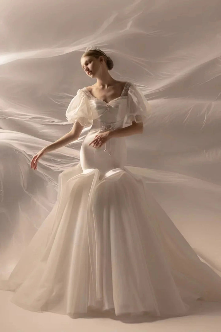Elegant Mermaid Square Neck Organza Puff Sleeve Satin Wedding Dress with Crystal Trim &amp; Lace-Up Back Q6019 by ZAPDRESS
