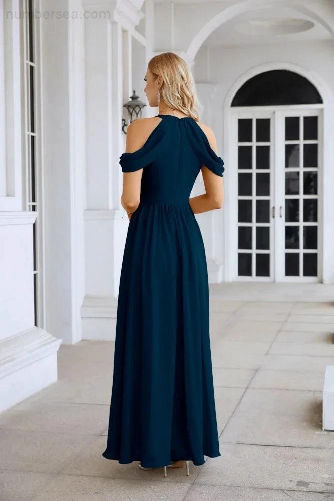 Ladies Chiffon Off Shoulder Swing Sleeve Front Slit Bridesmaid Evening Dress Wedding Party Evening Dress 28117 by numbersea