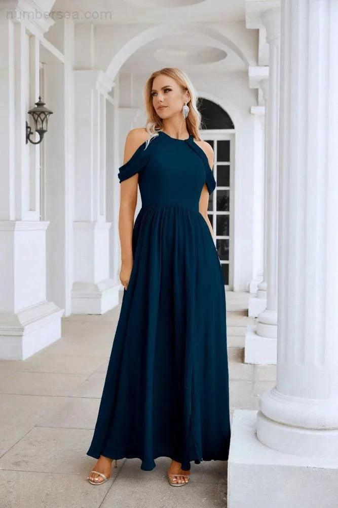 Ladies Chiffon Off Shoulder Swing Sleeve Front Slit Bridesmaid Evening Dress Wedding Party Evening Dress 28117 by numbersea
