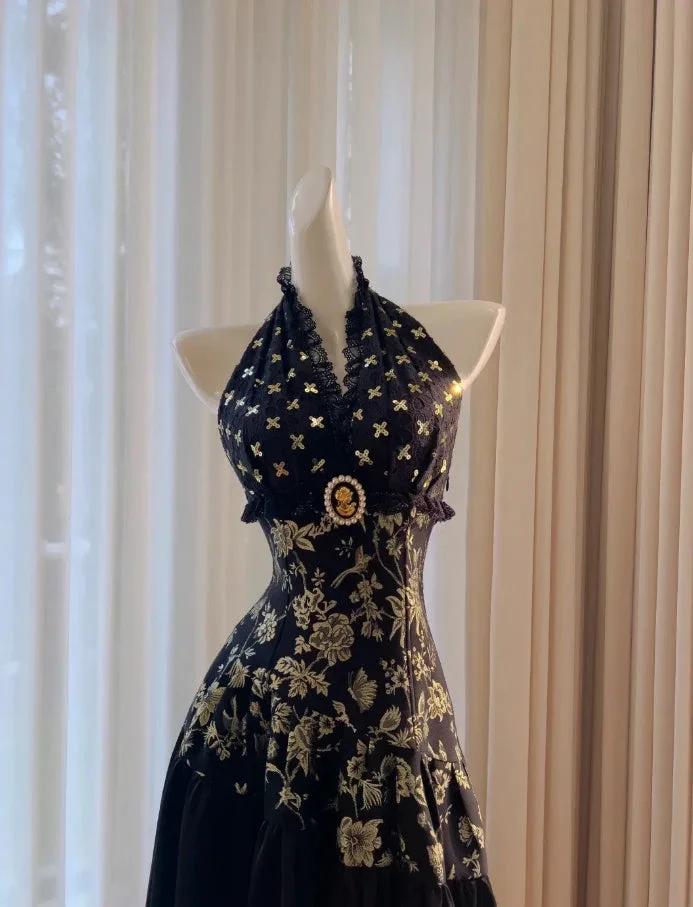 Robe de soirée longue noire élégante à col licou en satin imprimé floral avec sequins, coupe évasée, robe de bal Y8568