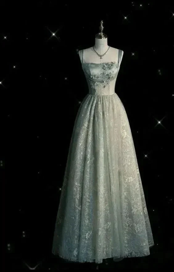 Charming Sage Green Long Tulle Lace Prom Dress A Line Party Evening Dress Y7544 by simplepromdress
