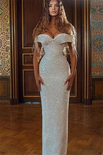 White Sequins Sweetheart Off-the-shoulder Mermaid Long Prom Dress by BIZTUNNEL