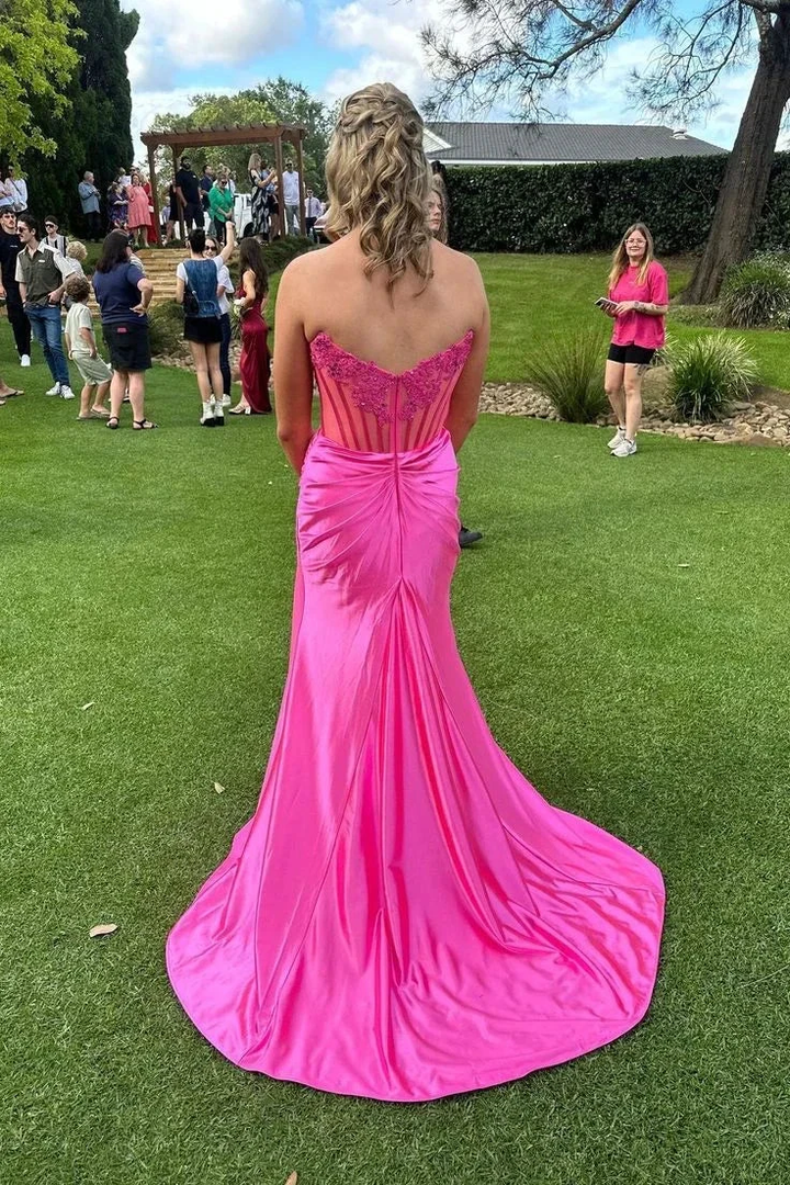 Charming Strapless Burgundy Lace Appliques Long Prom Dress Slit Mermaid Evening Gown Y7883 by simplepromdress
