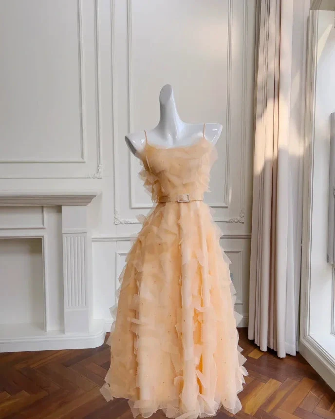 Chic Orange Spaghetti Straps Tulle A Line Party Dress Midi Prom Evening Dress Y8573 by simplepromdress