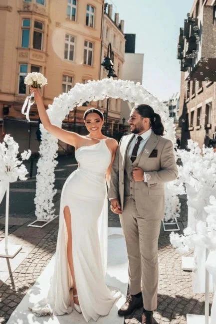 Obsessing Long White One Shoulder Sleeveless Beading Wedding Dress with Slit by misshow.com