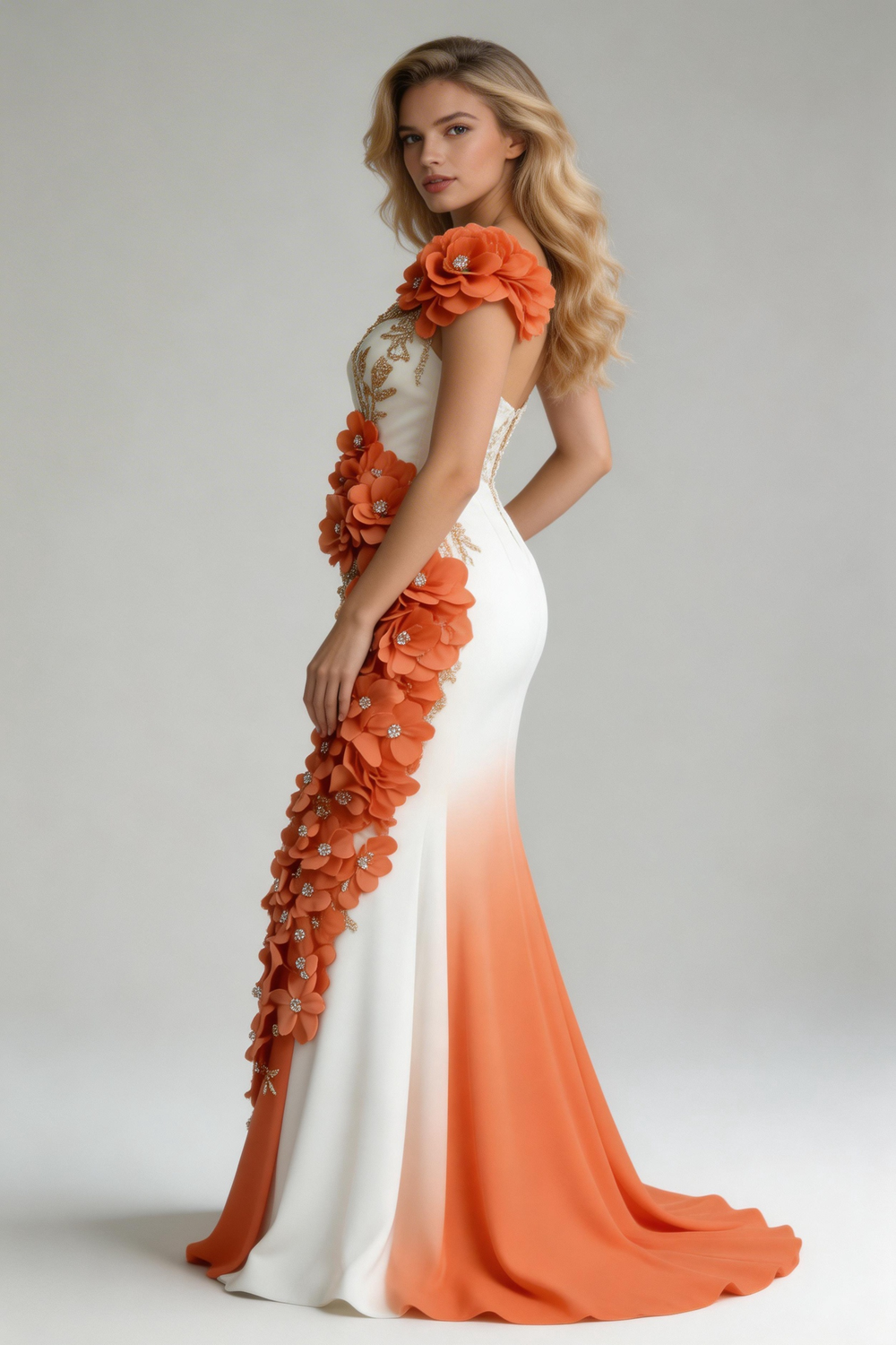Robe de soirée sirène en mousseline avec appliques de pivoines élégantes Y8567