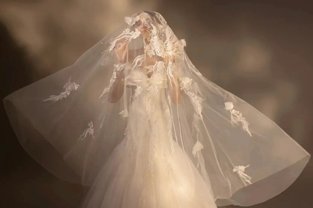 Gorgeous Long Ball Gown Off-the-Shoulder Satin &amp; Tulle Wedding Dress with 3D Embroidery &amp; Cathedral Train Q6013 by ZAPDRESS