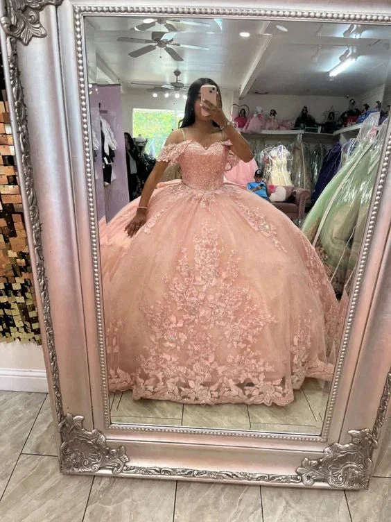 Charming Pink Off The Shoulder Ball Gown,Pink Sweet 16 Dress Y5885 by simplepromdress