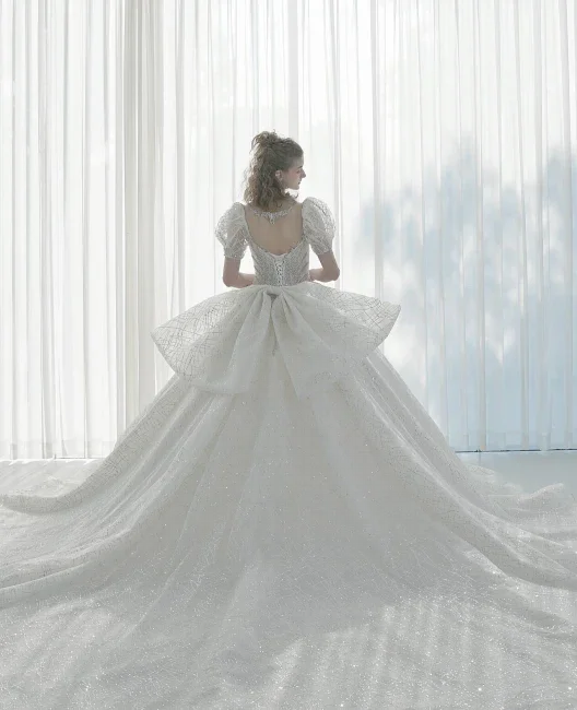 Glittering Ball Gown Deep V-Neck Tulle Wedding Dress with Beaded Embroidery &amp; Puff Sleeves 6021-1 by ZAPDRESS