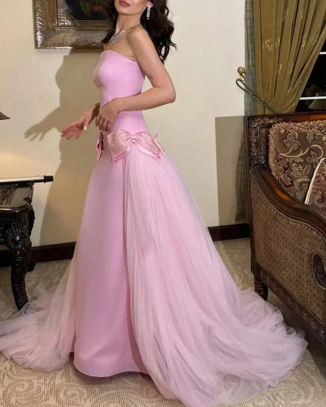 Sweet Pink Strapless Bow-Knot Long Prom Dress,Tulle Satin Evening Dress Y8053 by simplepromdress