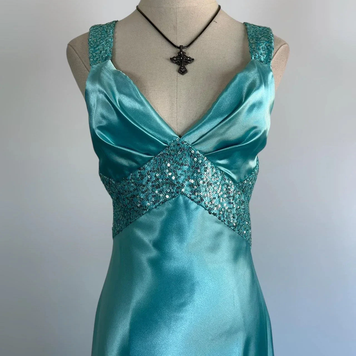 Blue V Neck Satin Sequin Formal Prom Dress Backless Evening Dress Y8548 by simplepromdress