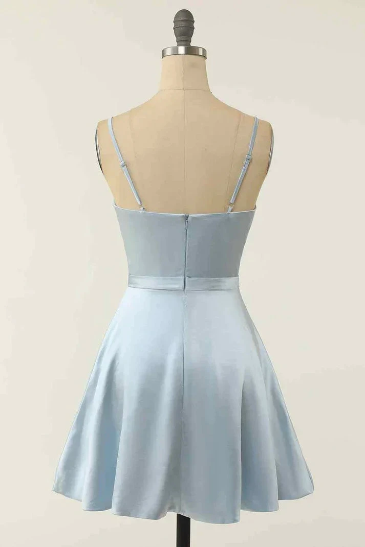 A-line V Neck Twist Knot Cut-Out Pleated Mini Homecoming Dress Y1866 by simplepromdress