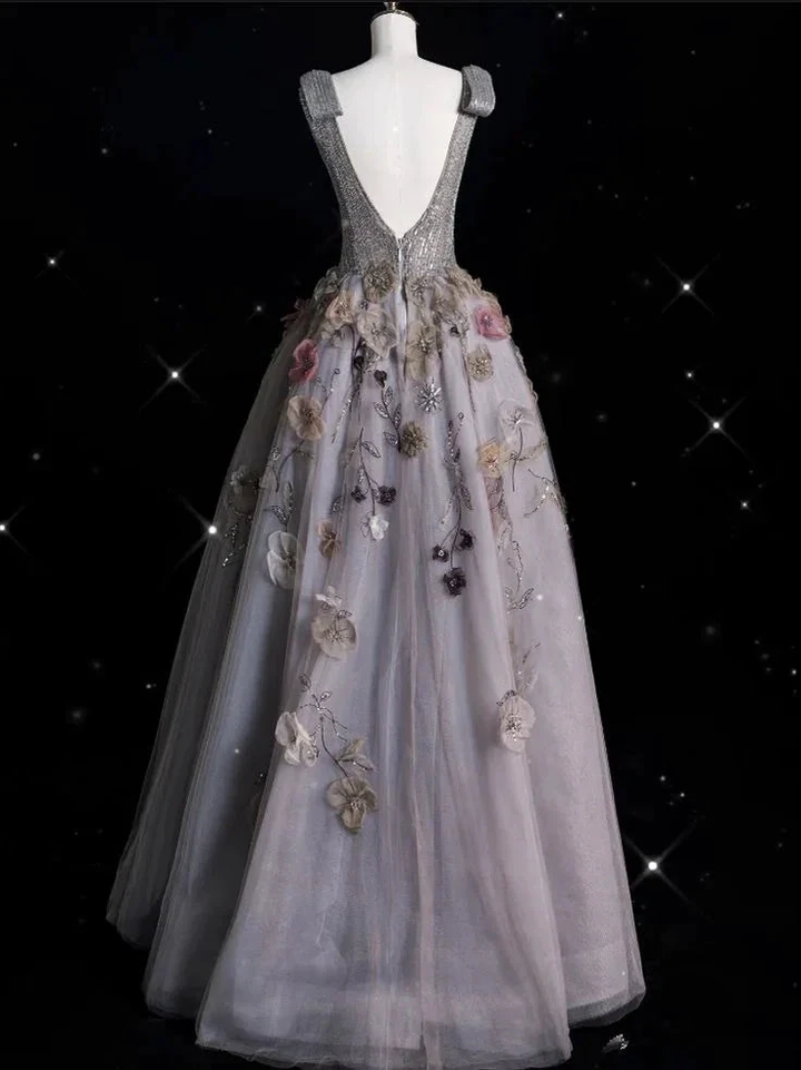 Charming V Neckline Gray Tulle Floral Ball Gown Long Evening Gown Prom Dress Y7953 by simplepromdress