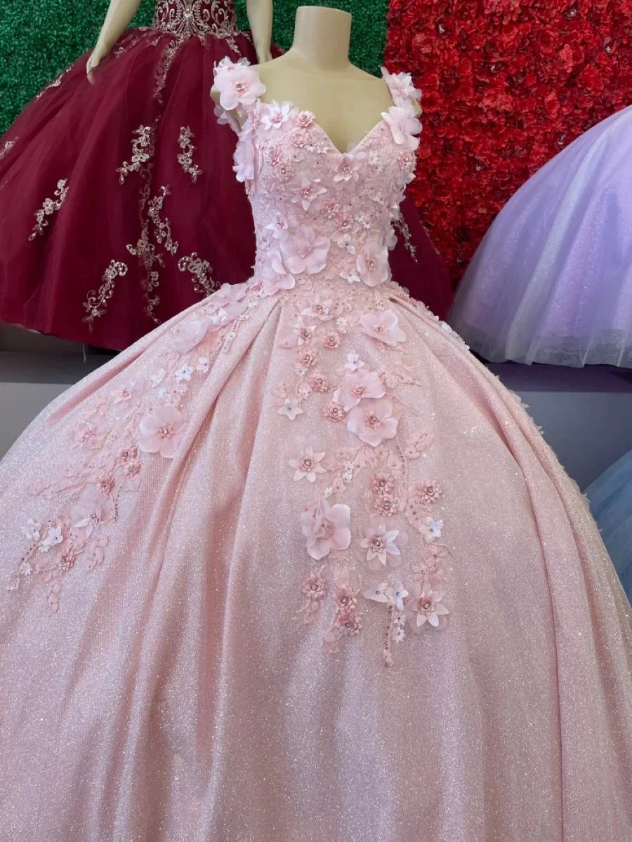 Glitter V Neck Pink Ball Gown with Floral Lace Y2696 by simplepromdress