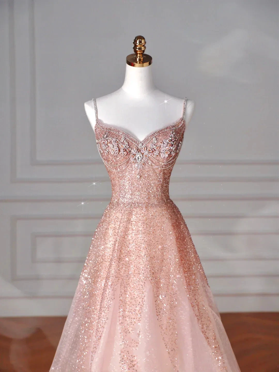 Glitter Pink Tulle Sequins Beaded Prom Dress Spaghetti Straps A Line Evening Dress Y8619 by simplepromdress