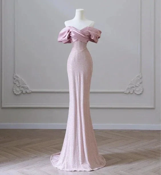 Flesh Pink Sequin Evening Gown Elegant Women&