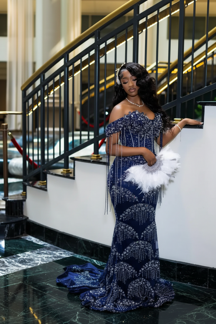 Luxury Glacial Silver Beaded Prom Dress – Crystal Fringe Mermaid Gown with Feather Accents | 2026 Couture Evening Collection