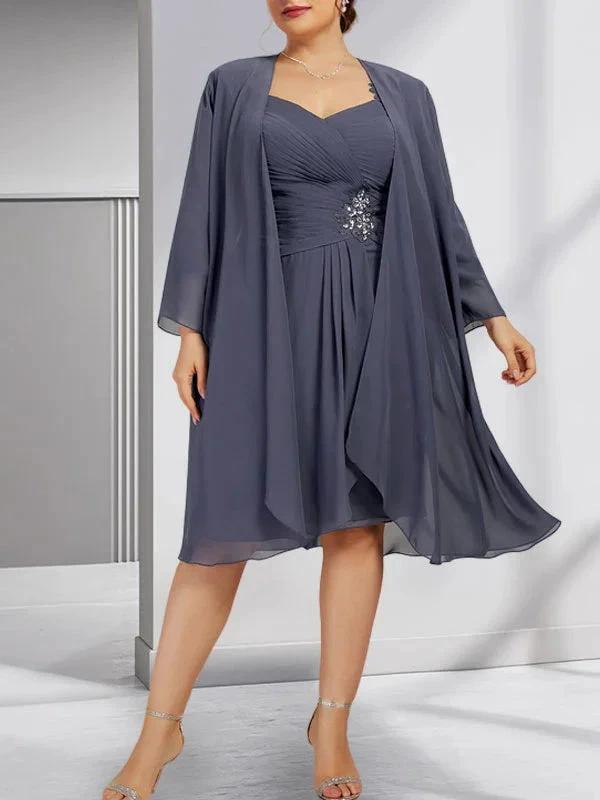 Sheath/Column Sweetheart Knee-Length Chiffon Mother of the Bride Dress With Beading Appliques Lace Sequins Pleated by Dreamylily