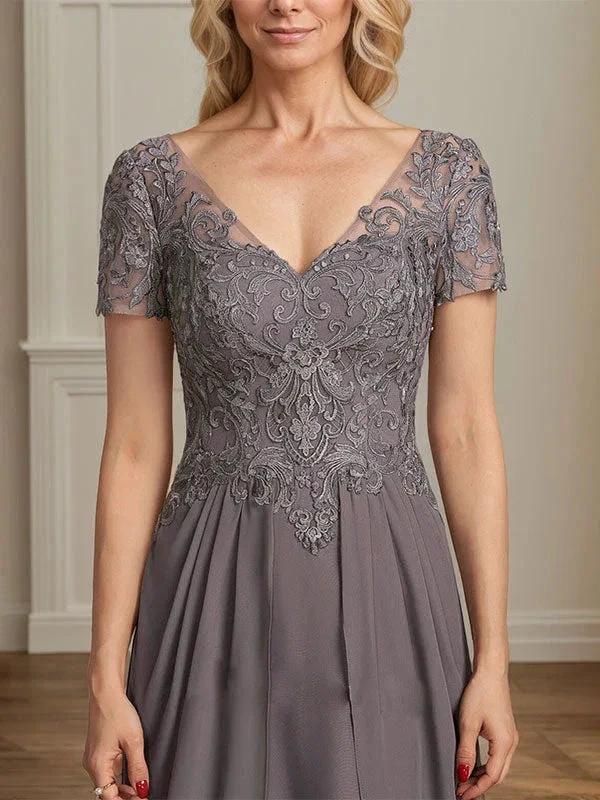 A-line V-Neck Floor-Length Chiffon Lace Mother of the Bride Dress by Dreamylily