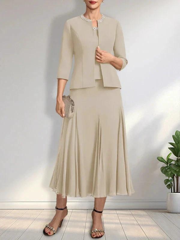 Separates A-line Scoop Tea-Length Chiffon Mother of the Bride Dress With Sequins Beading by Dreamylily