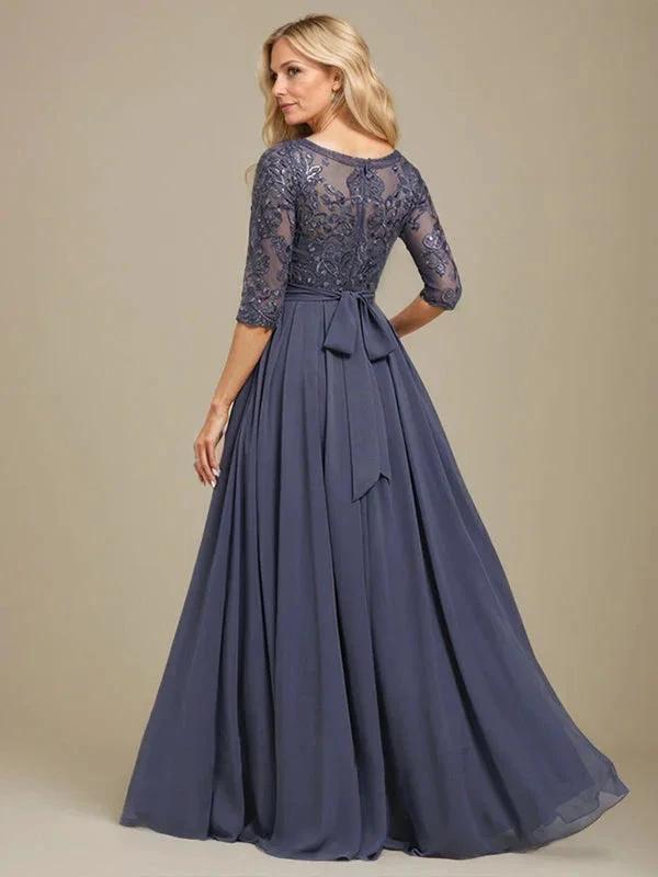 A-Line Scoop Floor-Length Lace Chiffon Mother Of the Bride Dress With Sequins Applique by Dreamylily