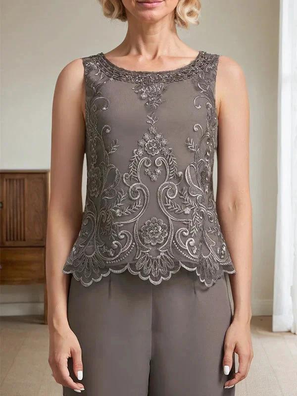 Separates Jumpsuit/Pantsuit Scoop Floor-Length Chiffon Lace Mother of the Bride Dress With Beading Sequins by Dreamylily