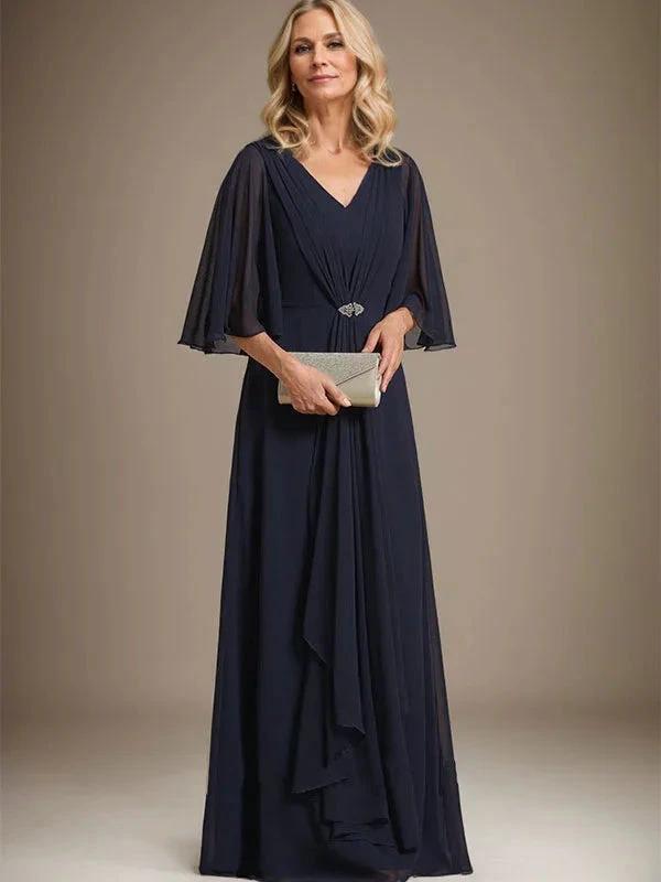 A-line V-Neck Floor-Length Chiffon Mother of the Bride Dress With Cascading Ruffles Crystal Brooch by Dreamylily