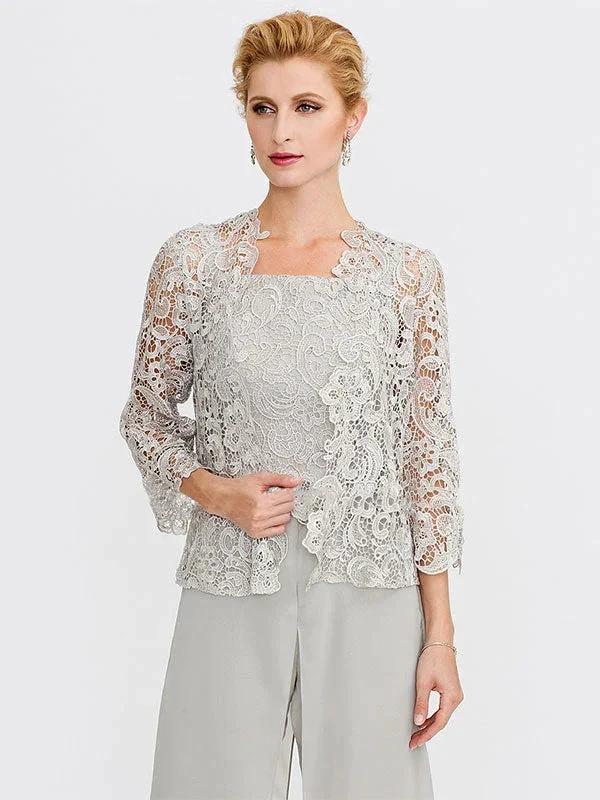 3 Piece Chiffon Square Neck Mother of the Bride Pantsuits with Jacket by Dreamylily