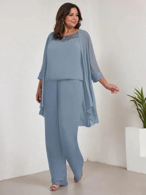 Chiffon Scoop Long Sleeves Mother Of The Bride Pantsuits With Jacket by Dreamylily