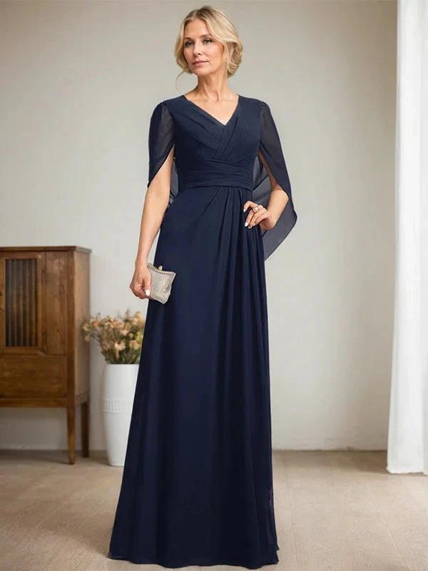 Dark Navy A-Line V-Neck Long Mother of Bride Dress by Dreamylily