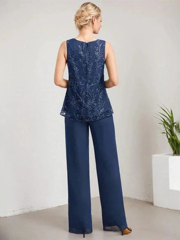 Separates Jumpsuit/Pantsuit Scoop Floor-Length Lace Chiffon Mother of the Bride Dress With Sequins by Dreamylily