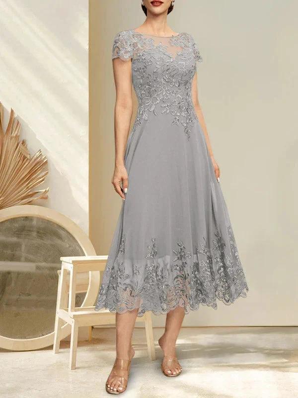 A-line Illusion Scoop Tea-Length Lace Chiffon Mother of the Bride Dress With Sequins by Dreamylily