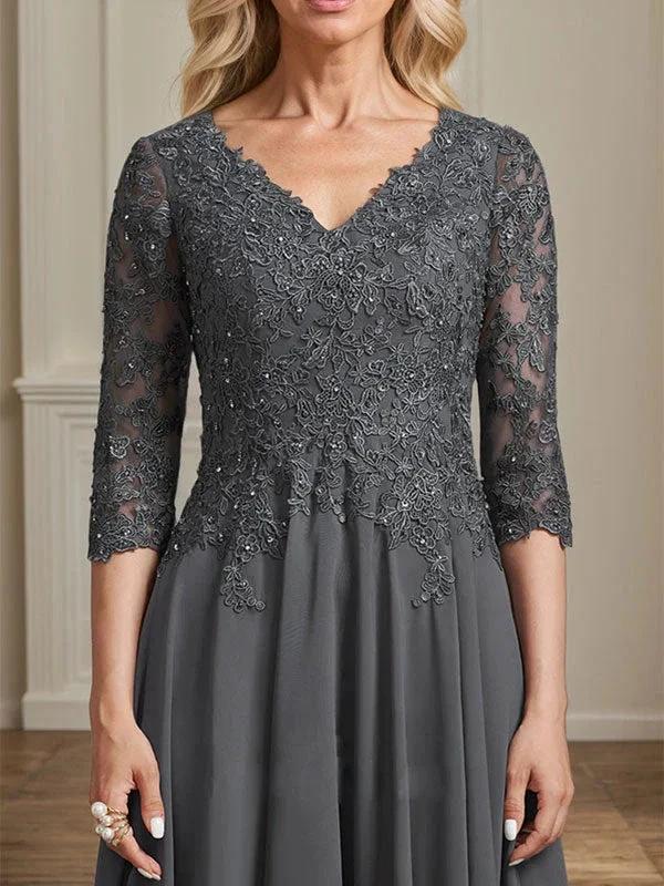 A-line V-Neck Tea-Length Chiffon Lace Mother of the Bride Dress With Beading Sequins by Dreamylily