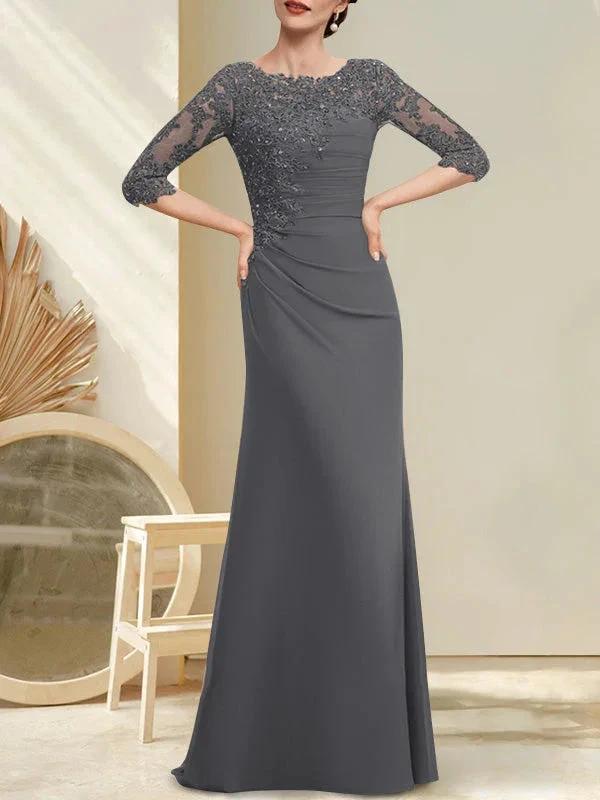 A-line Scoop Floor-Length Chiffon Lace Mother of the Bride Dress With Beading Pleated Sequins by Dreamylily