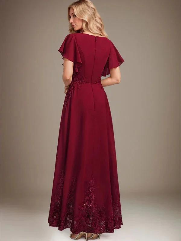 Abito da madre della sposa in chiffon di pizzo con scollo a U, lunghezza alla caviglia, linea a trapezio, con paillettes