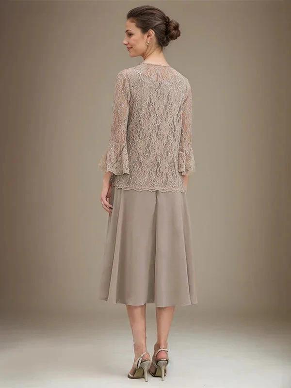 A-line Scoop Tea-Length Lace Chiffon Mother of the Bride Dress With Sequins by Dreamylily
